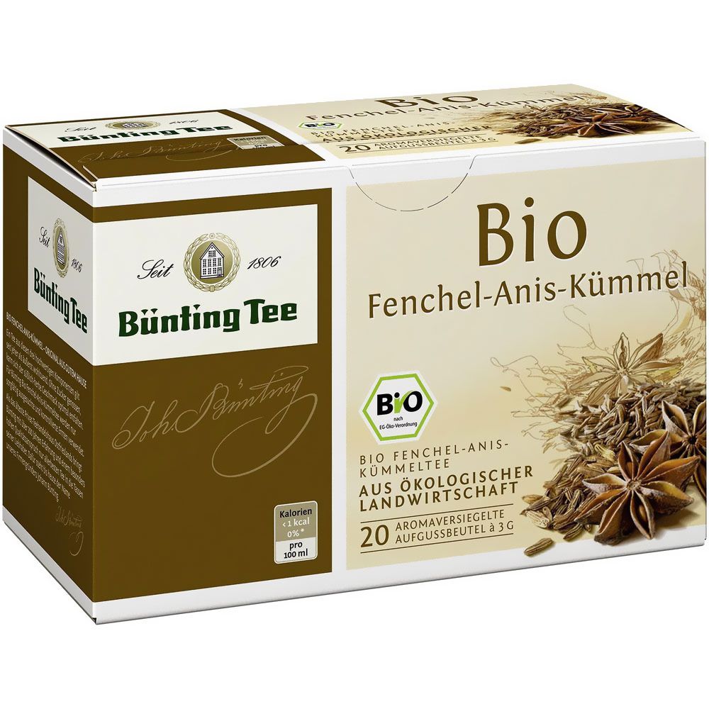 Karton Bünting Tee, Bio Fenchel-Anis-Kümmel. Enthält 20 Aufgussbeutel. Mit Bio-Siegel. Braune und cremefarbene Verpackung.