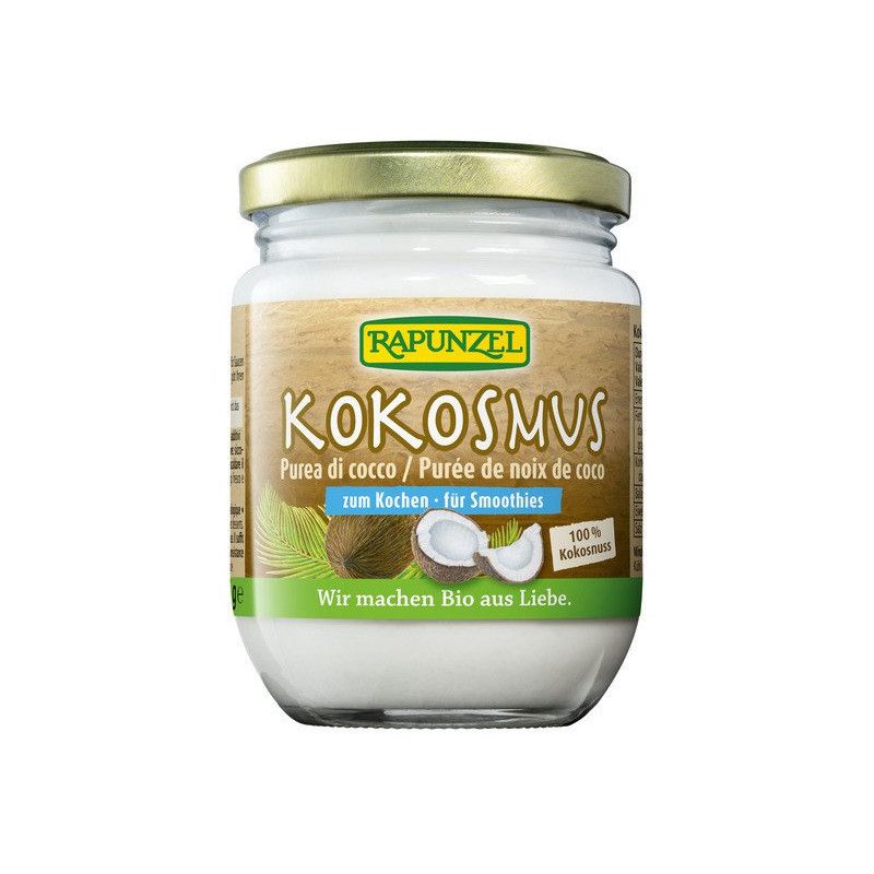 Glas mit Kokosmus. Aufschrift: Rapunzel, Kokosmus, Purea di cocco, Purée de noix de coco. Für Smoothies. 100% Kokosnuss.