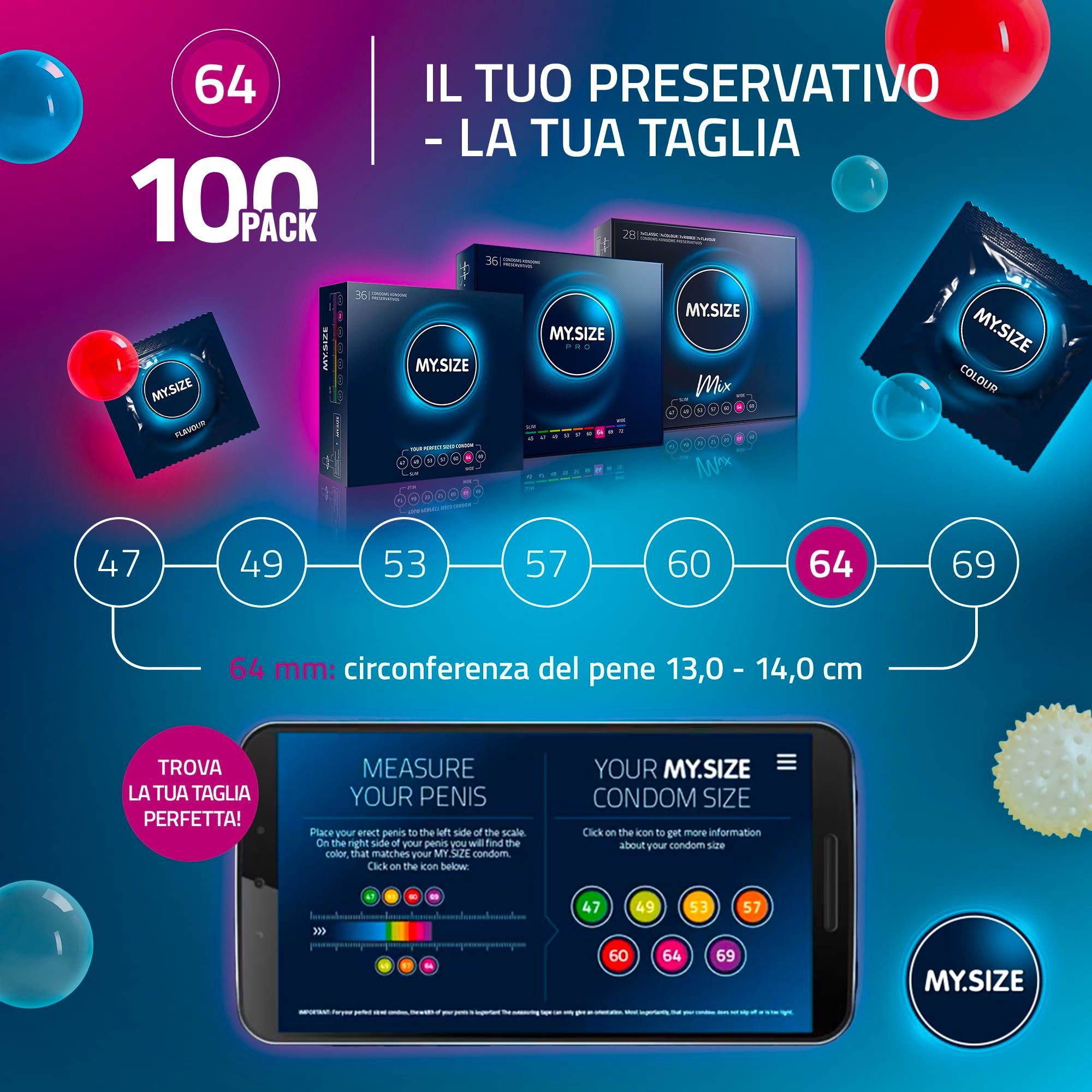 Packung mit 100 Kondomen der Marke MY.SIZE, Größen 47-69, mit Größenberatung auf einem Smartphone.