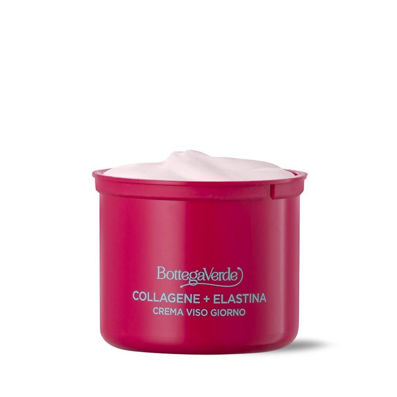 Un barattolo rosa con crema bianca. Sul barattolo è scritto in bianco "Bottega Verde", seguito da "COLLAGENE + ELASTINA" e "CREMA VISO GIORNO".