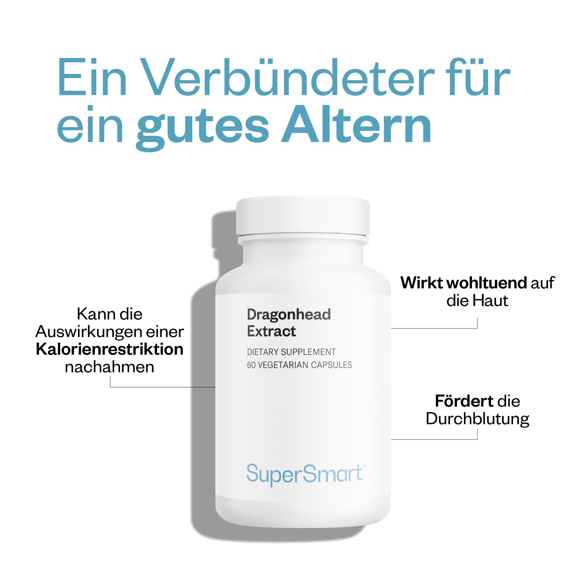 Weiße Flasche mit Dragonhead Extract, 60 vegetarische Kapseln. Marke: SuperSmart. Text: Fördert die Durchblutung.