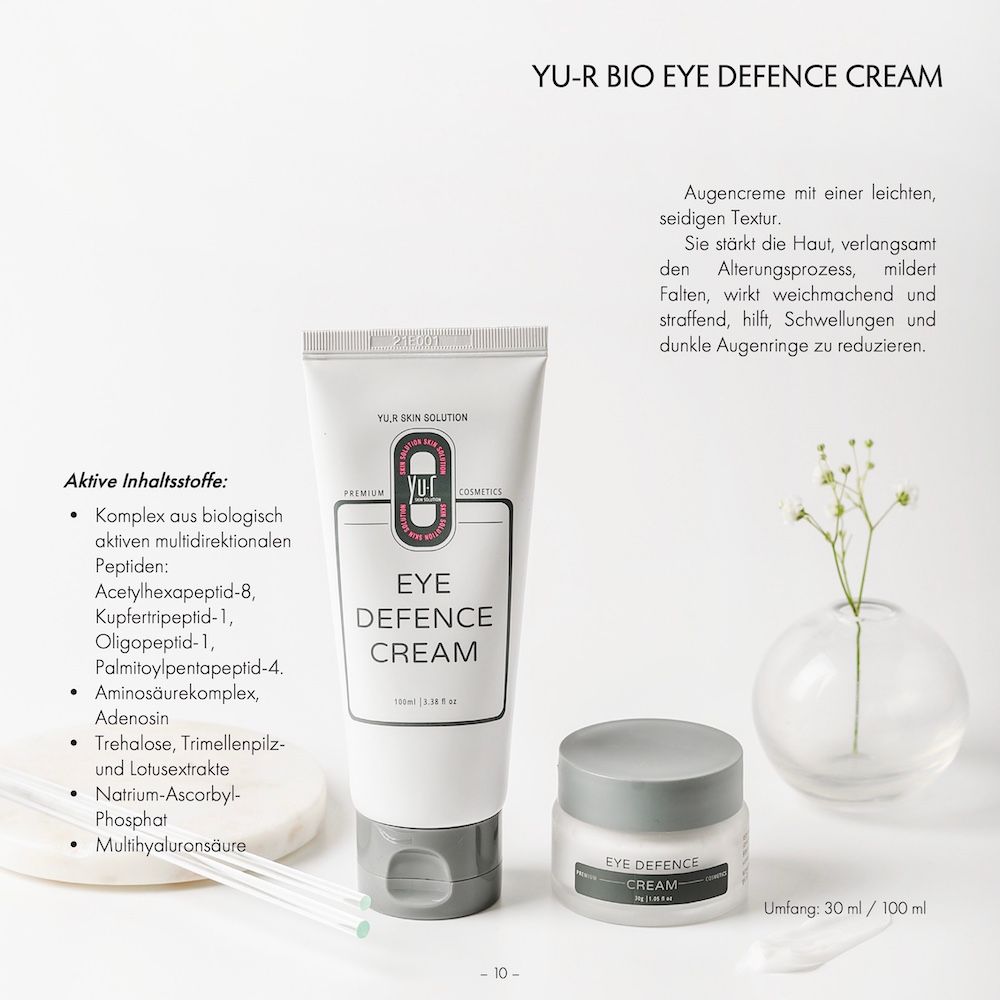Tube und Creme-Glas. Aufschrift: Eye Defence Cream. Text über Inhaltsstoffe und Anwendung.