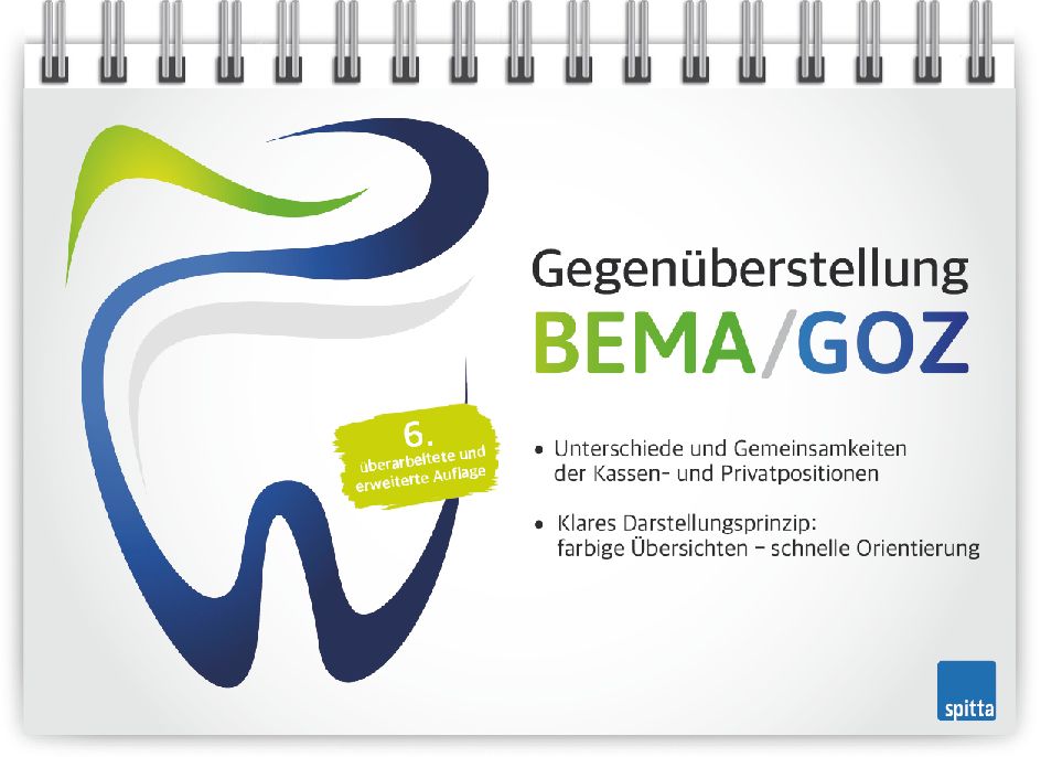 Spiralgebundenes Buch mit Zahn-Illustration und Titel "Gegenüberstellung BEMA/GOZ". Enthält Text über Unterschiede und Gemeinsamkeiten.