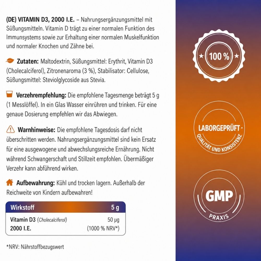 Rückseite einer Nature's Finest Vitamin D3 Dose. Informationen zu Inhaltsstoffen, Dosierung und Qualitätssiegeln (GMP).