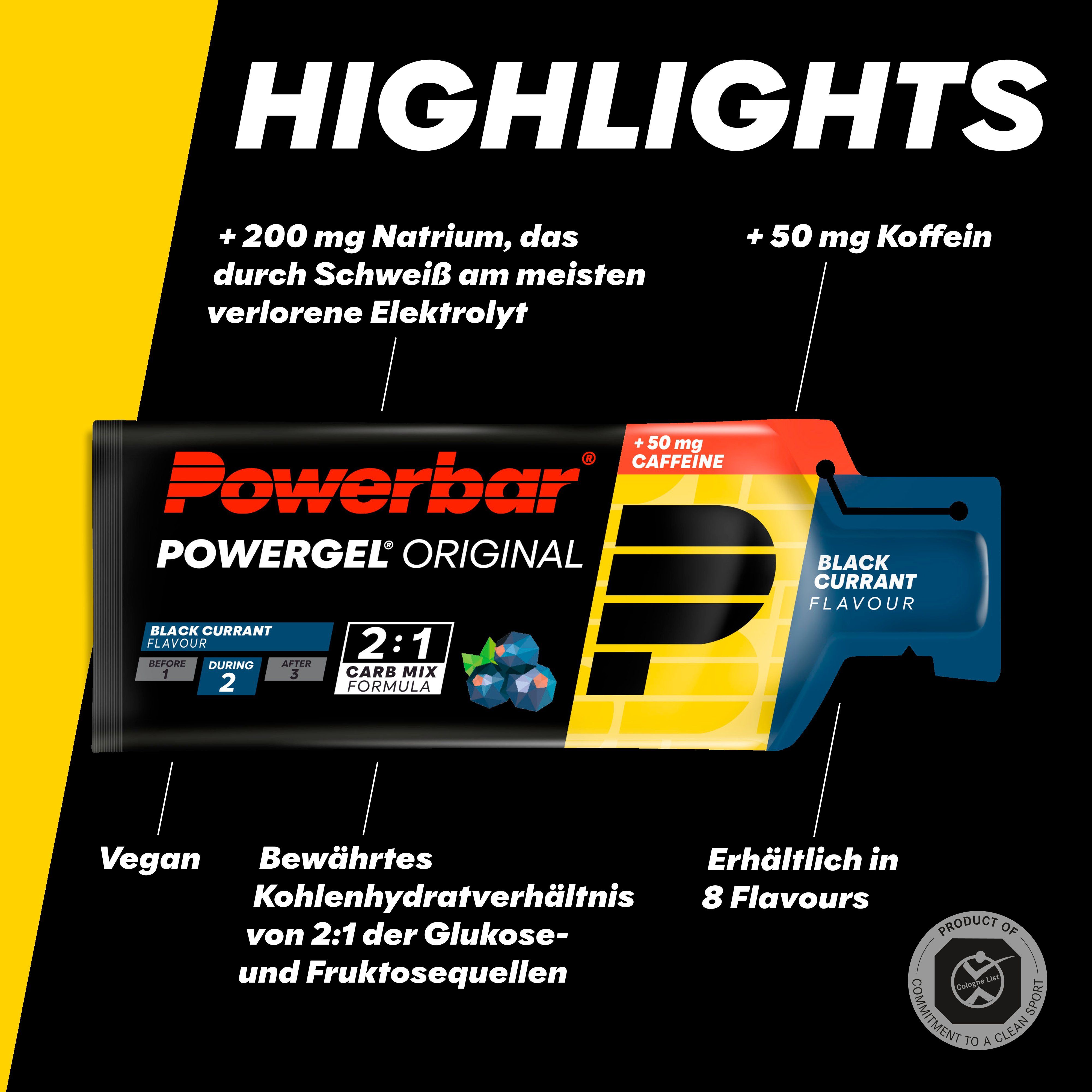 PowerBar PowerGel Original Black Currant. Gelpack mit schwarzer Johannisbeere. Enthält Koffein. 2:1 Carb Mix Formel.
