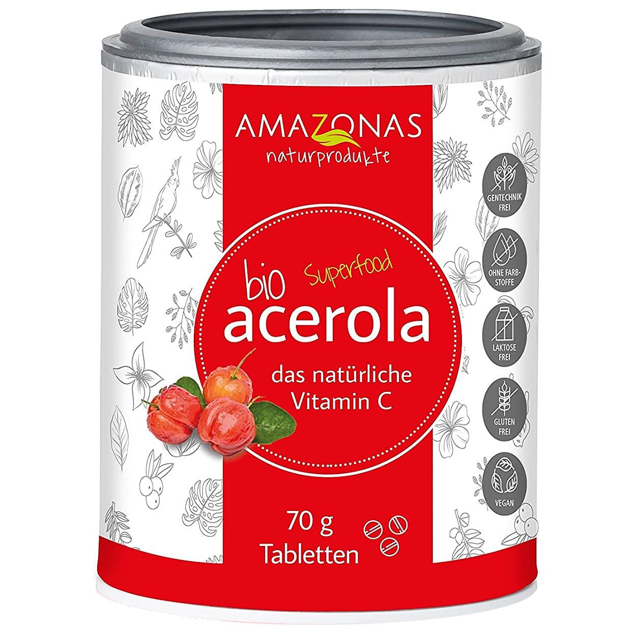 Dose mit Amazonas Bio Acerola Lutschtabletten. Roter Aufdruck mit Produktnamen und Vitamin C. 70g Tabletten. Glutenfrei, laktosefrei.