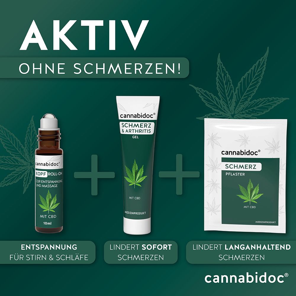 Drei Produkte: Roll-On, Gel und Pflaster. Aufschrift: Cannabidoc. Text: Entspannung, Lindert Schmerzen.