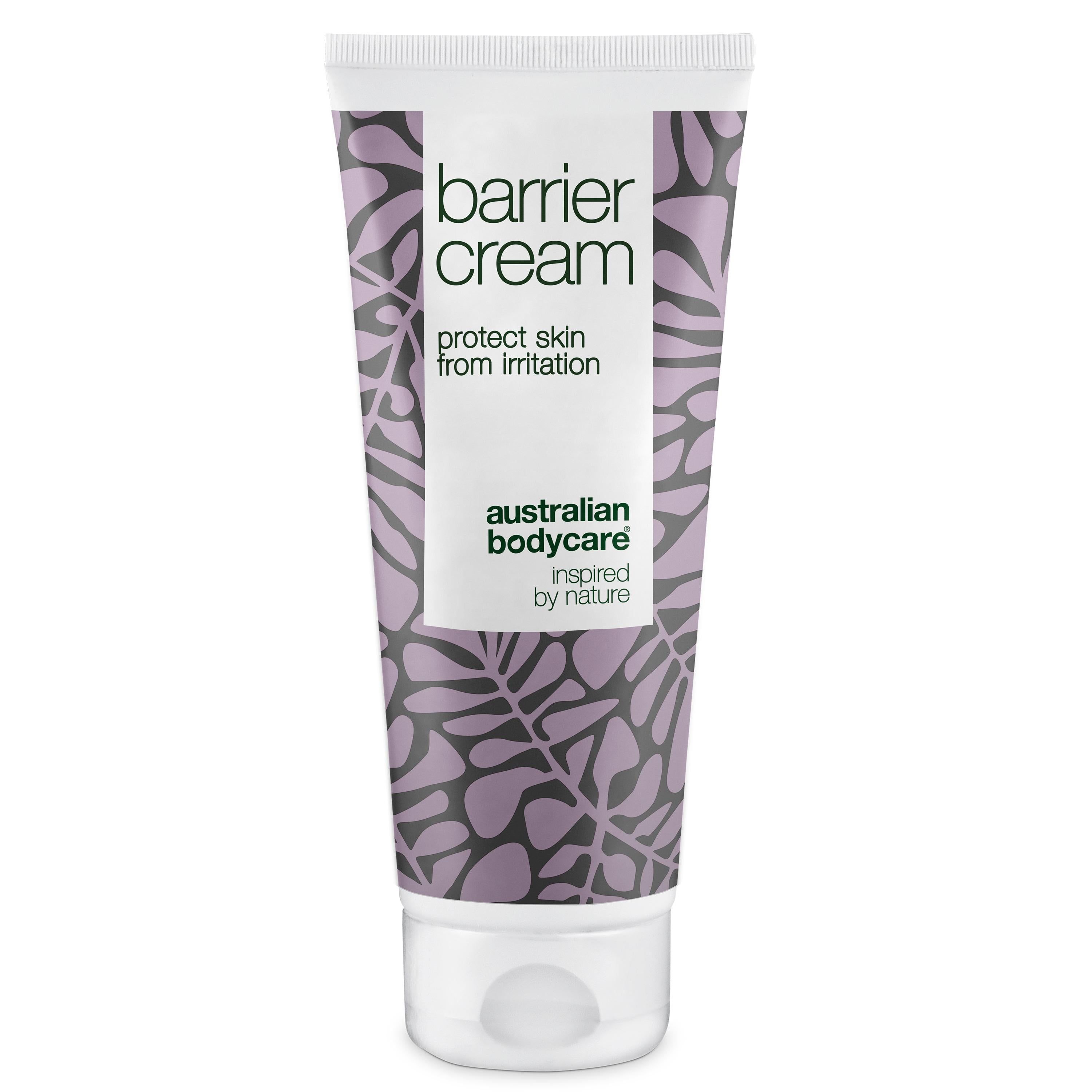 Creme-Tube mit floralem Muster. Text: Barrier Cream, protect skin from irritation. Marke: Australian Bodycare.