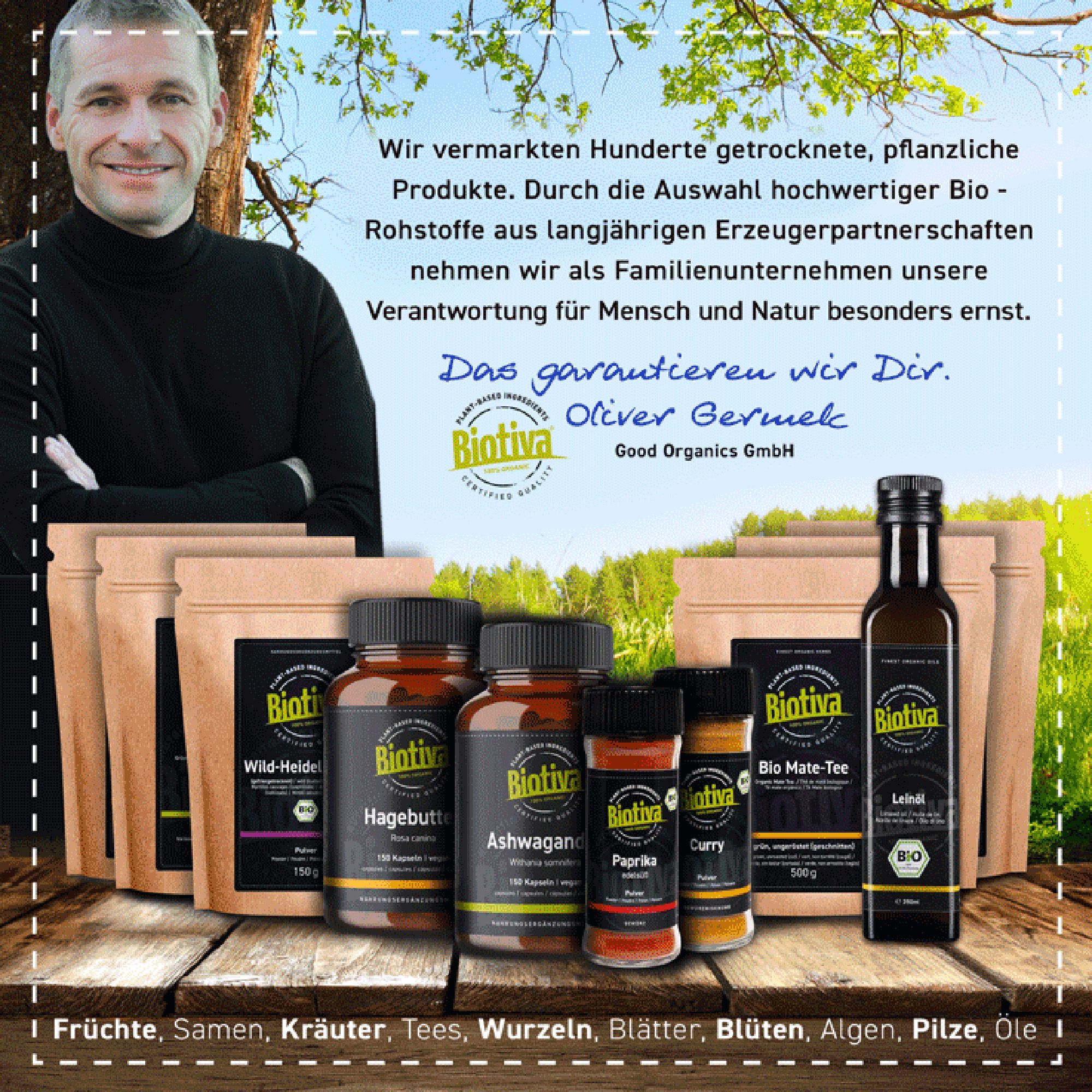 Produktübersicht von Biotiva: Tees, Nahrungsergänzungsmittel und Gewürze in Gläsern und Beuteln.
