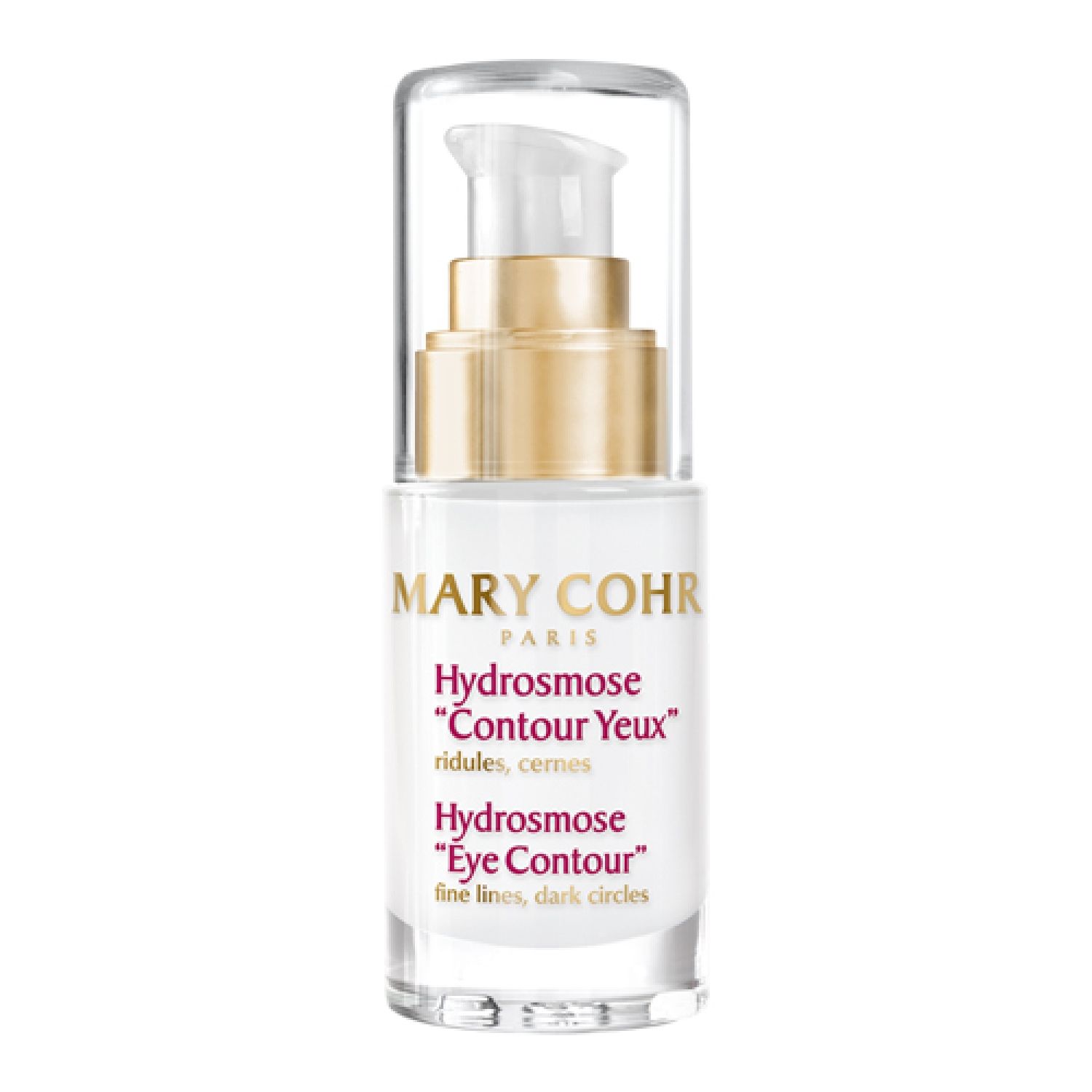 Weißes Fläschchen mit goldfarbenem Pumpkopf. Aufschrift: MARY COHR PARIS, Hydrosmose "Contour Yeux", Hydrosmose "Eye Contour".