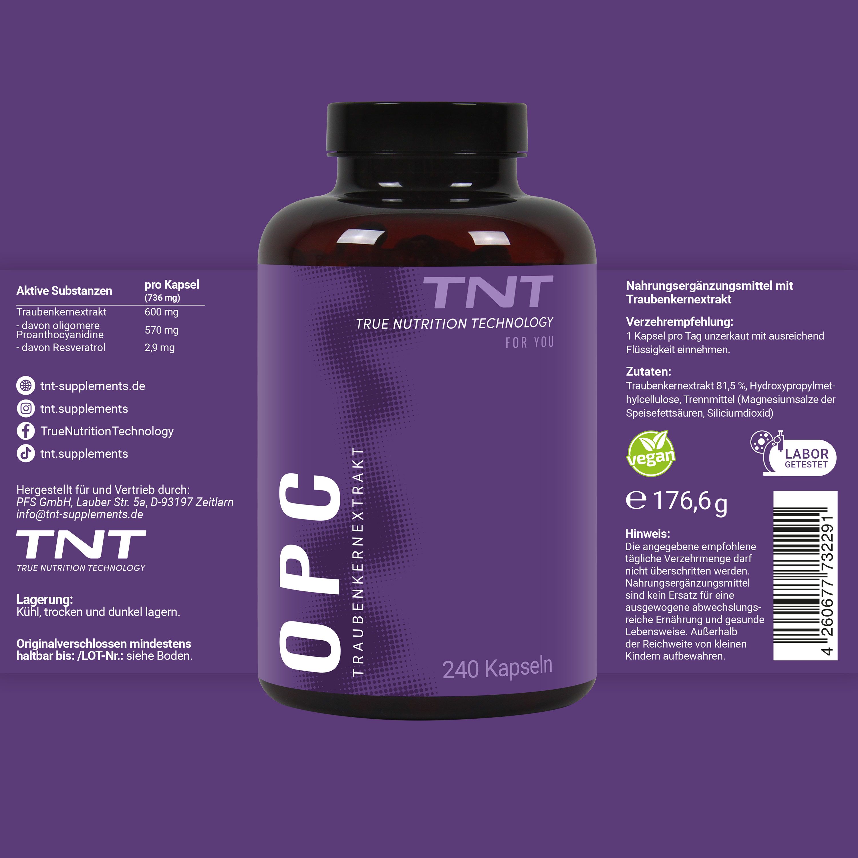 Flasche mit lila Etikett. Aufschrift: TNT OPC Traubenkernextrakt. 240 Kapseln. Text: Inhaltsstoffe, Nährwertangaben. Vegan-Logo.