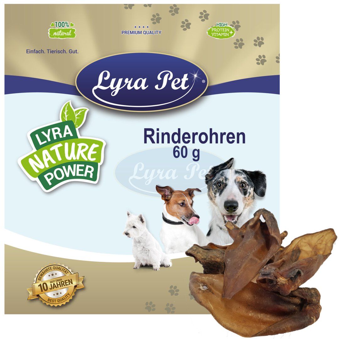 Lyra Pet Rinderohren in Verpackung. Produktbezeichnung, Hunde auf Verpackung. 60g Packung. Siegel: 100% natürlich, Premium Qualität.