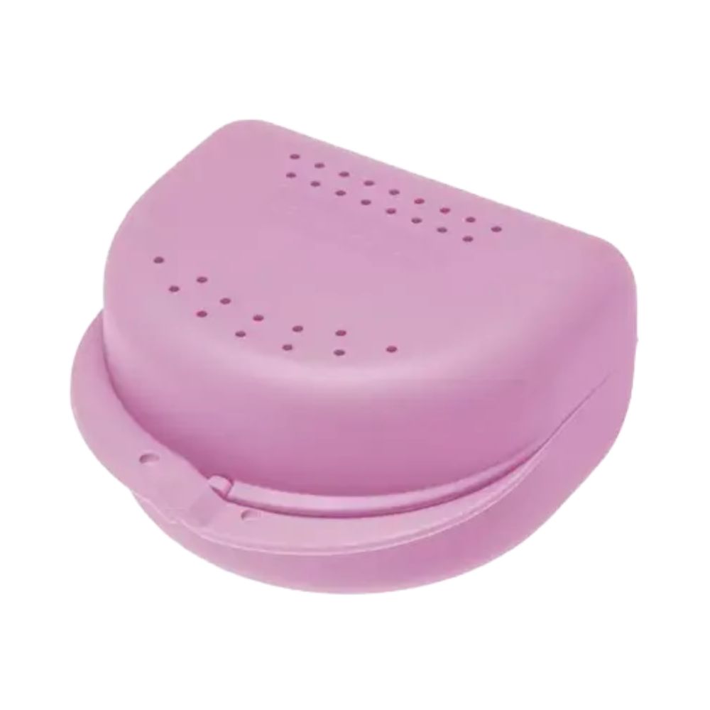 Helllila Zahnspangenbox. Ovale Form mit Griff und Belüftungslöchern. Geschlossener Zustand.