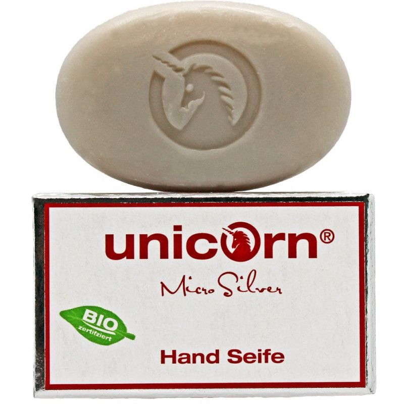 Ovalförmige Seife mit Einhorn-Logo. Darunter eine Schachtel mit dem Markennamen "unicorn", "Micro Silver" und "Hand Seife". Bio-Zertifizierung.