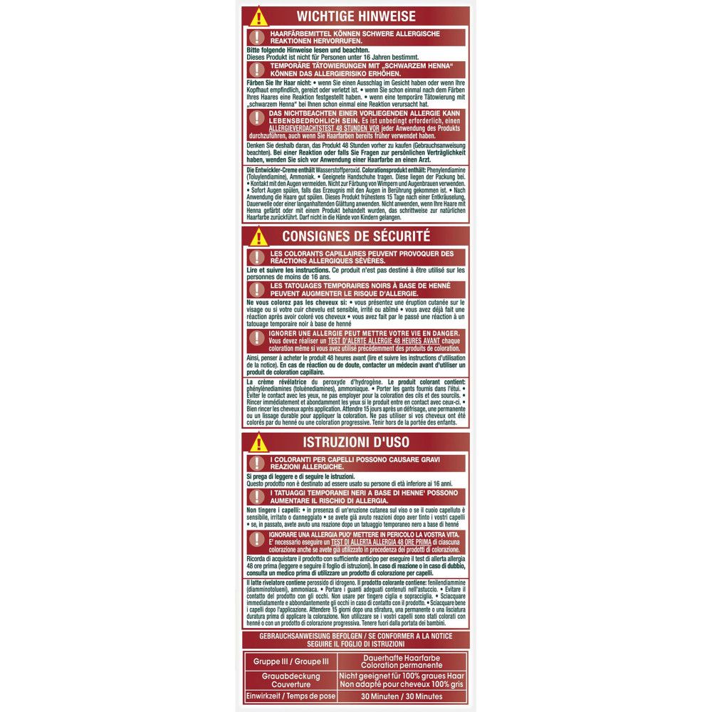 Garnier Nutrisse Ultra Color Verpackung. Warnhinweise in Deutsch, Französisch und Italienisch. Sicherheits- und Anwendungshinweise.