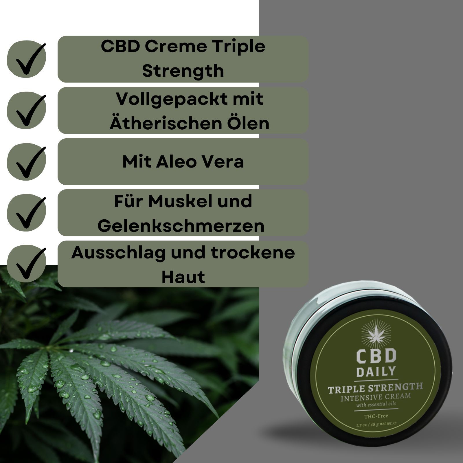 Dose mit grünem Etikett. Text: CBD Daily Triple Strength Intensive Cream. Aufschrift: Für Muskeln und Gelenkschmerzen, Ausschlag und trockene Haut.
