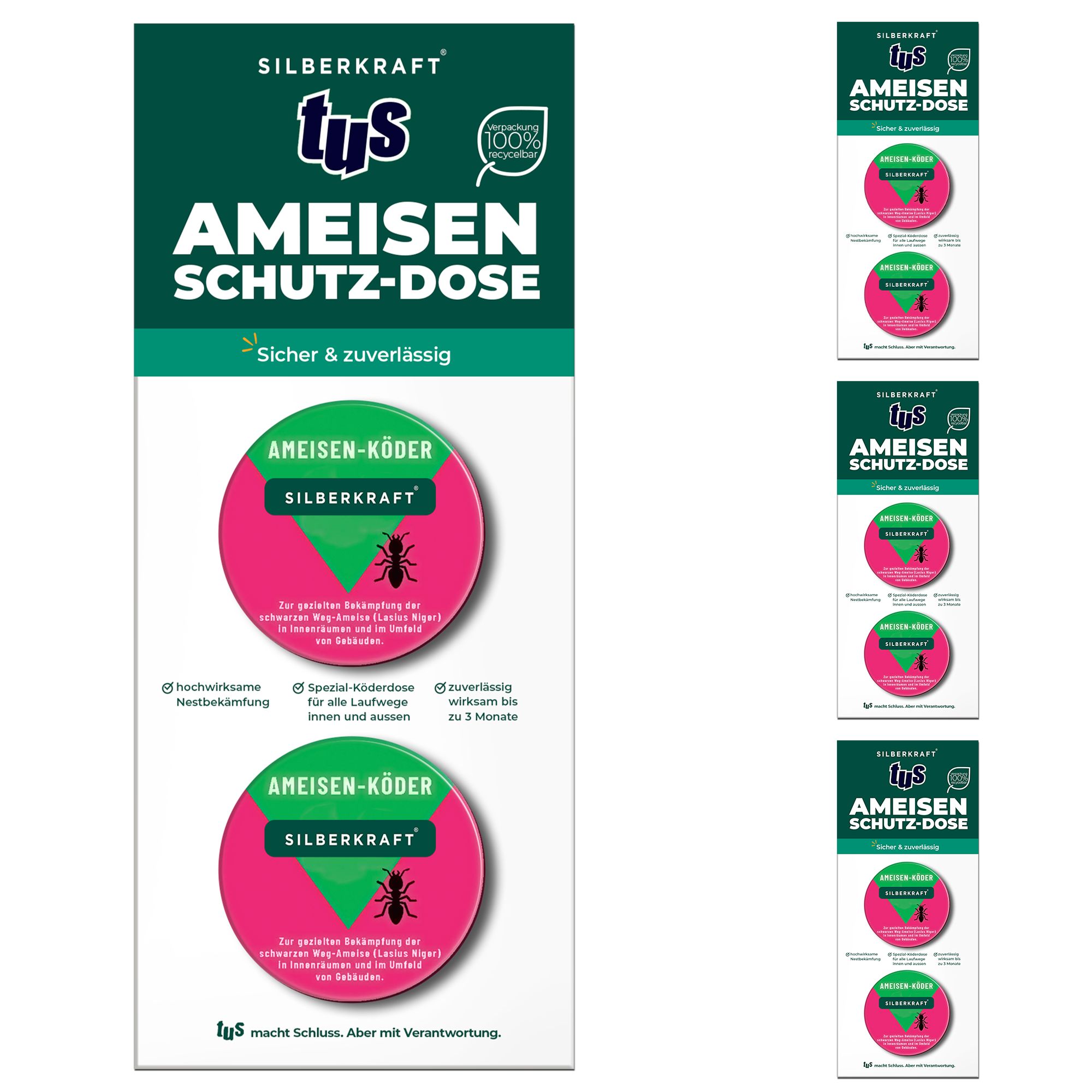 Packung mit Ameisen-Ex Köderdosen. Zwei Köderdosen sind sichtbar, mit Produktnamen und Logo. Grün-weiße Verpackung.