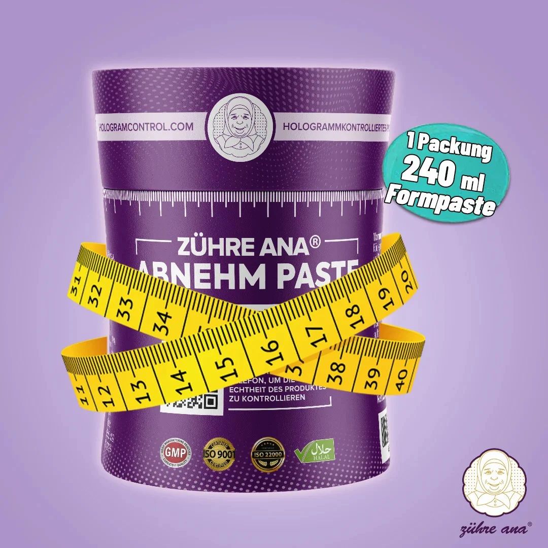 Zylindrische Dose mit Maßband. Aufschrift: Zühre Ana Abnehm Paste. 240 ml Formpaste.