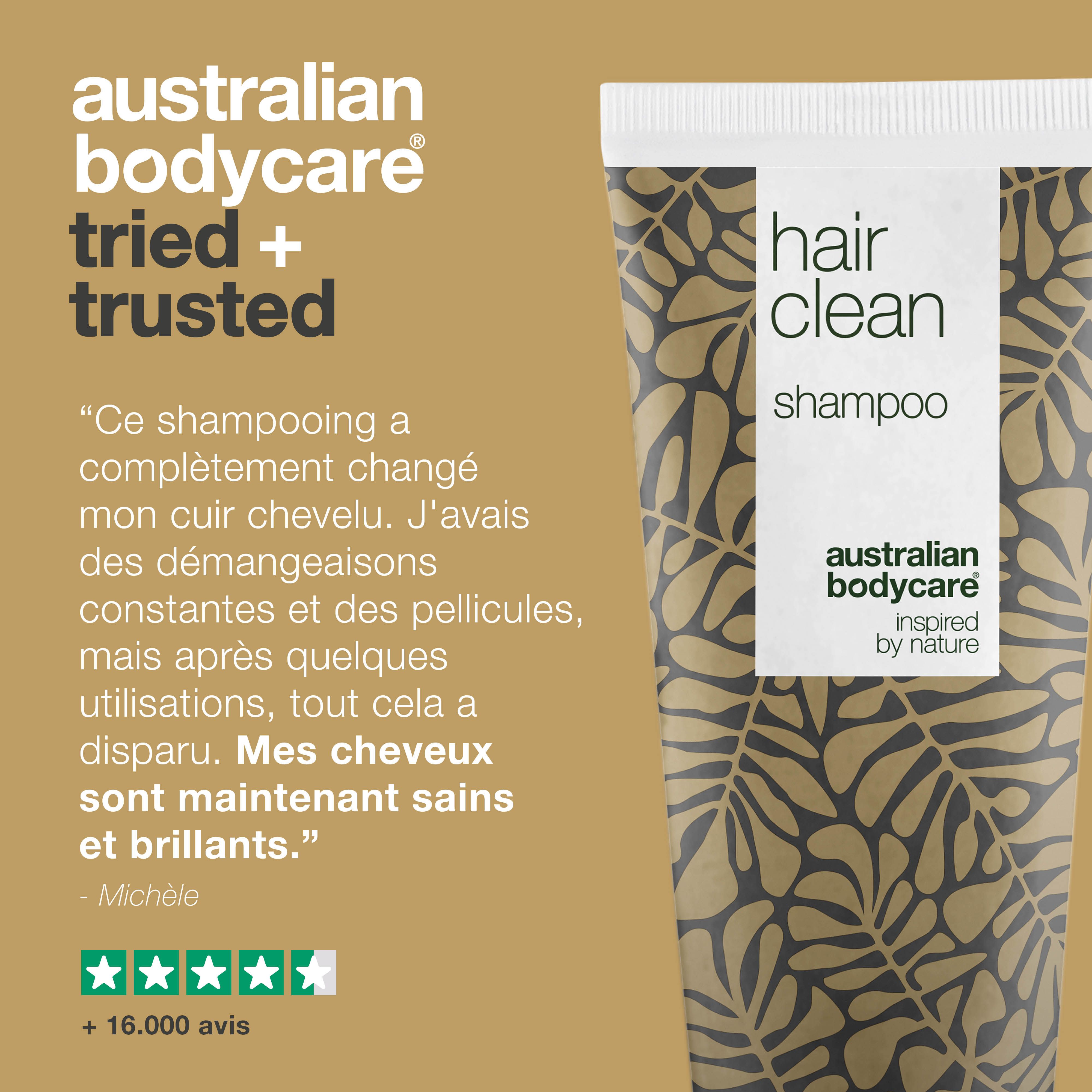 Tube de shampooing avec motif de feuilles et texte. Inscription : Hair Clean Shampoo, Australian Bodycare, Tried + Trusted.