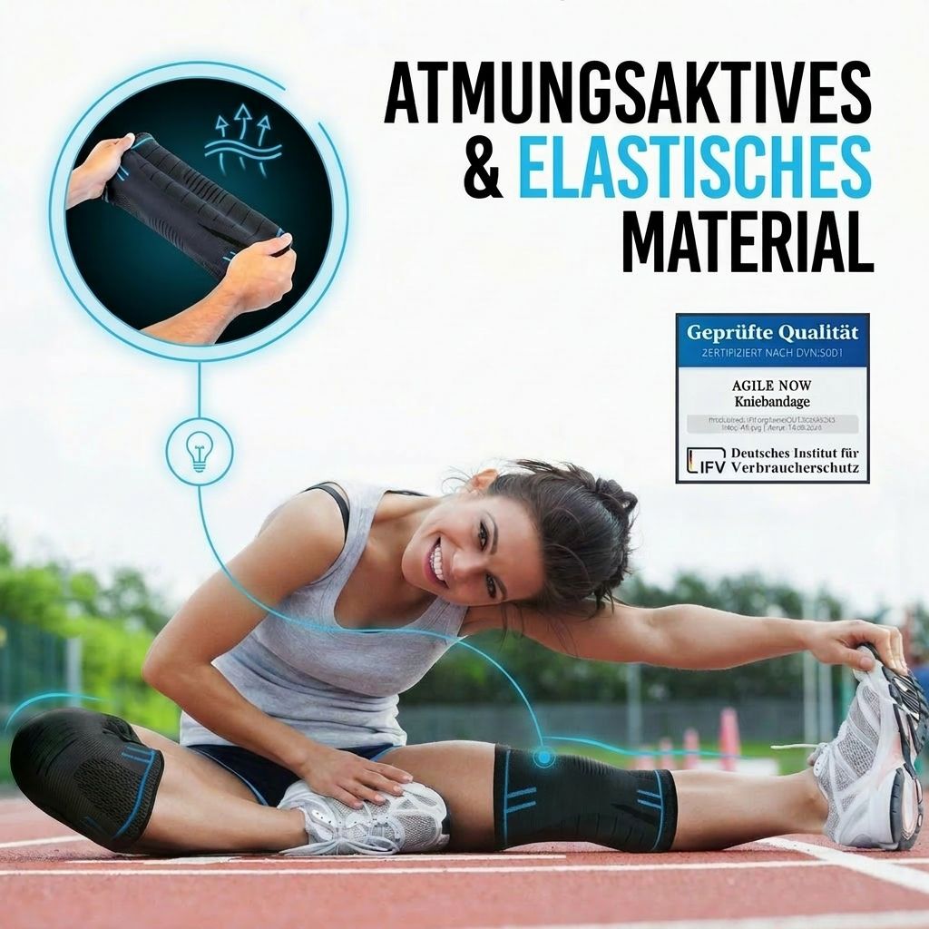 Frau dehnt sich mit Kniebandage. Atmungsaktives und elastisches Material. Geprüfte Qualität.