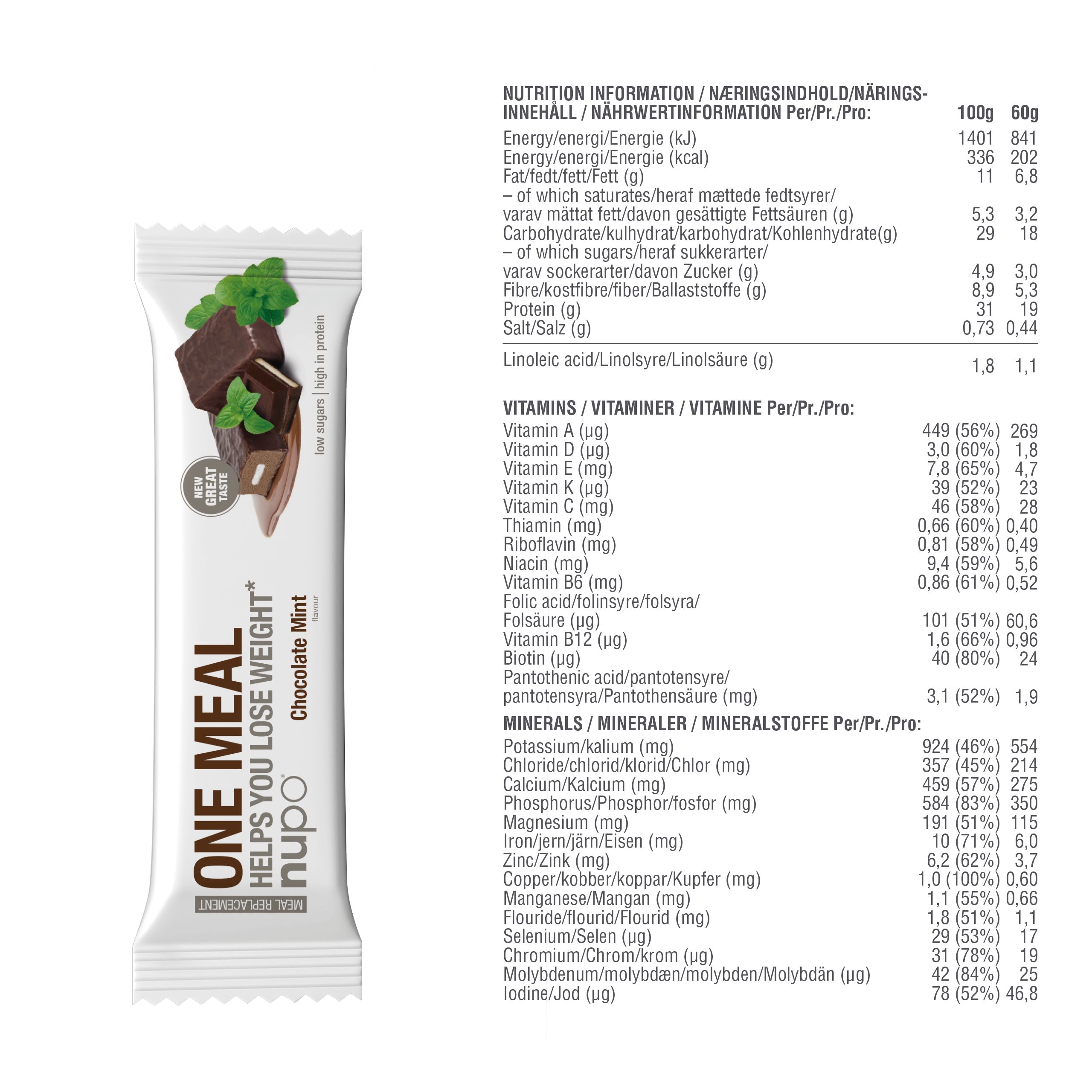 Nährwertinformationen für einen One Meal Riegel. Enthält Vitamine, Mineralien und Nährwerte pro Portion.