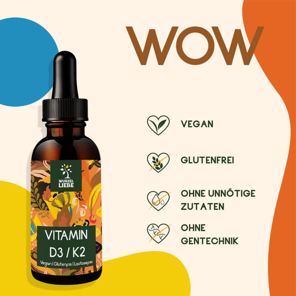 Braune Flasche mit Tropfer. Etikett "WURZELLIEBE Vitamin D3 / K2". Text: Vegan, glutenfrei, ohne unnötige Zutaten, ohne Gentechnik.