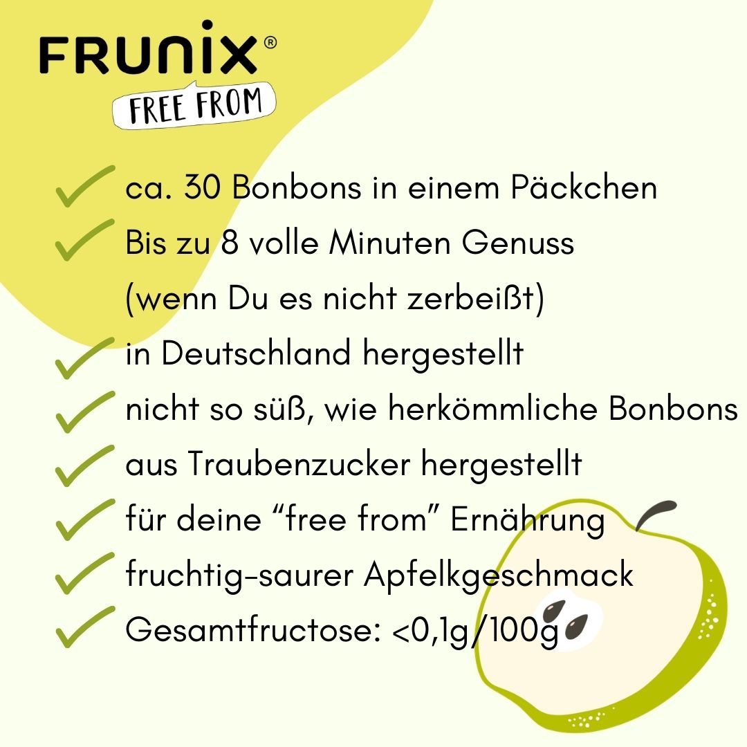 Text-Liste mit Vorteilen der FRUNIX® Saurer Apfel Bonbons. Ca. 30 Bonbons, bis zu 8 Minuten Genuss, hergestellt in Deutschland, fruchtig-sauer.