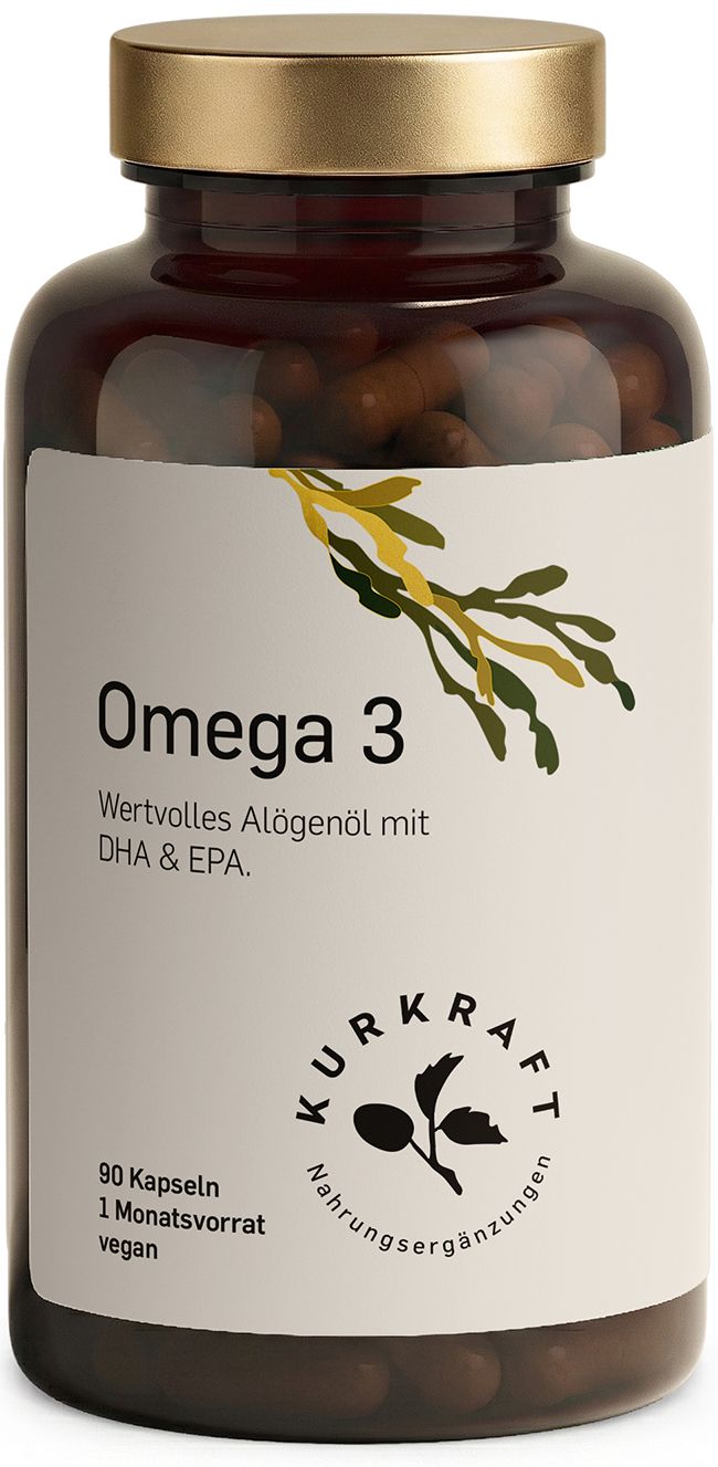 Braune Flasche mit Omega 3 Kapseln. Aufschrift: Omega 3. 90 Kapseln. Logo Kurkraft.