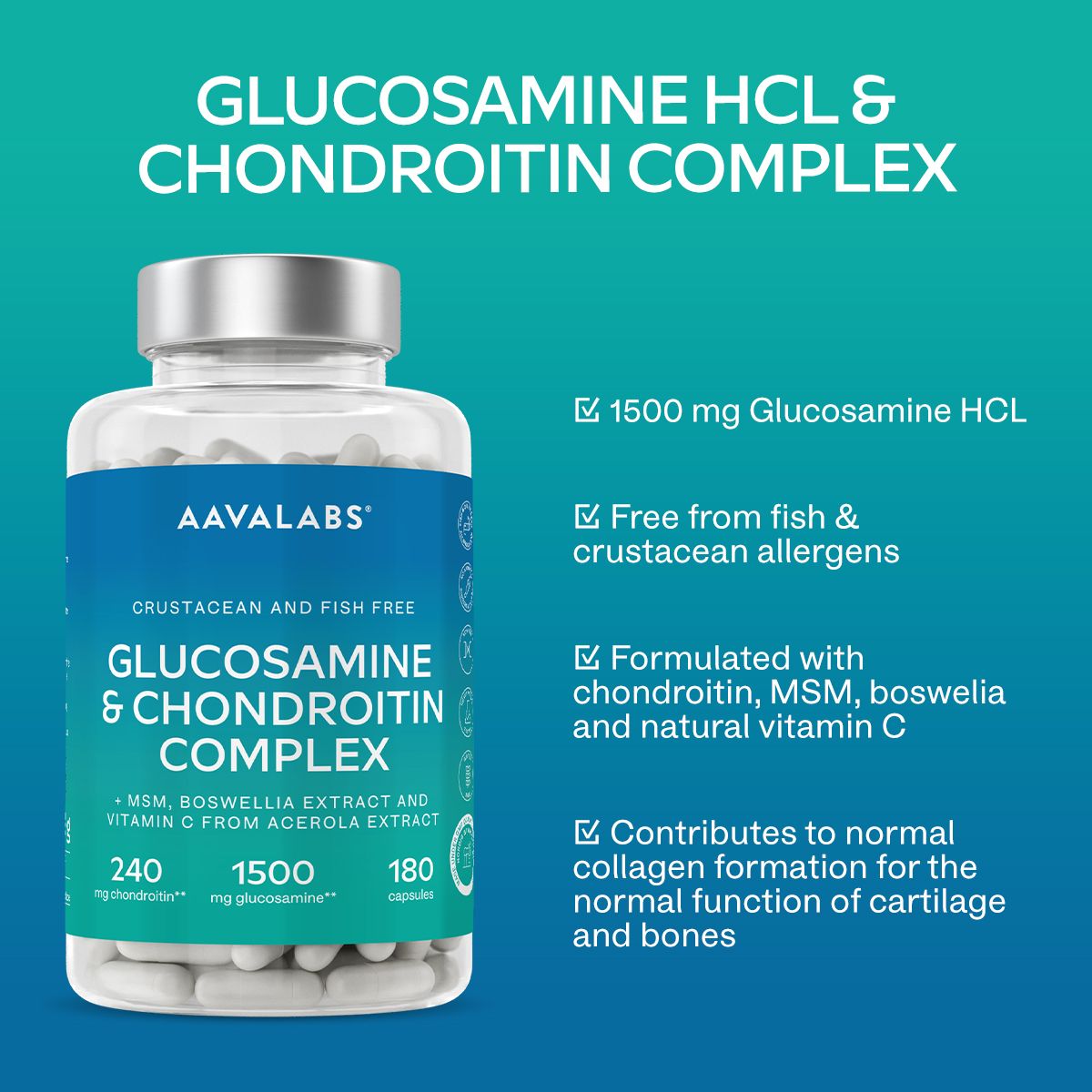 Aavalabs Glucosamin HCL & Chondroitin Complex Kapseln. Flasche mit blauer Beschriftung. Enthält 180 Kapseln.