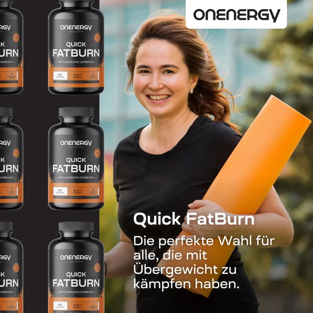 Frau mit Yogamatte, umgeben von Flaschen "Onenergy Quick FatBurn". Text: "Die perfekte Wahl für alle, die mit Übergewicht zu kämpfen haben."