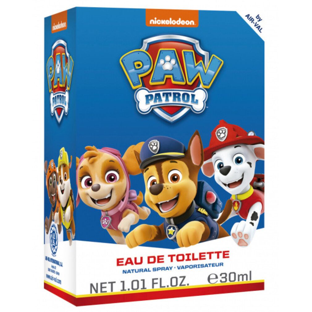 Blaue Produktverpackung mit Paw Patrol-Figuren und Schriftzug. 'Eau de Toilette' und Volumenangabe.