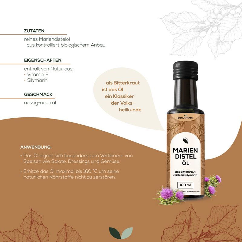 Braune Glasflasche mit schwarzem Deckel. Etikett mit Produktname und Mariendistel-Illustration. Text: Mariendistelöl. 100 ml. Hintergrund mit Blättern.