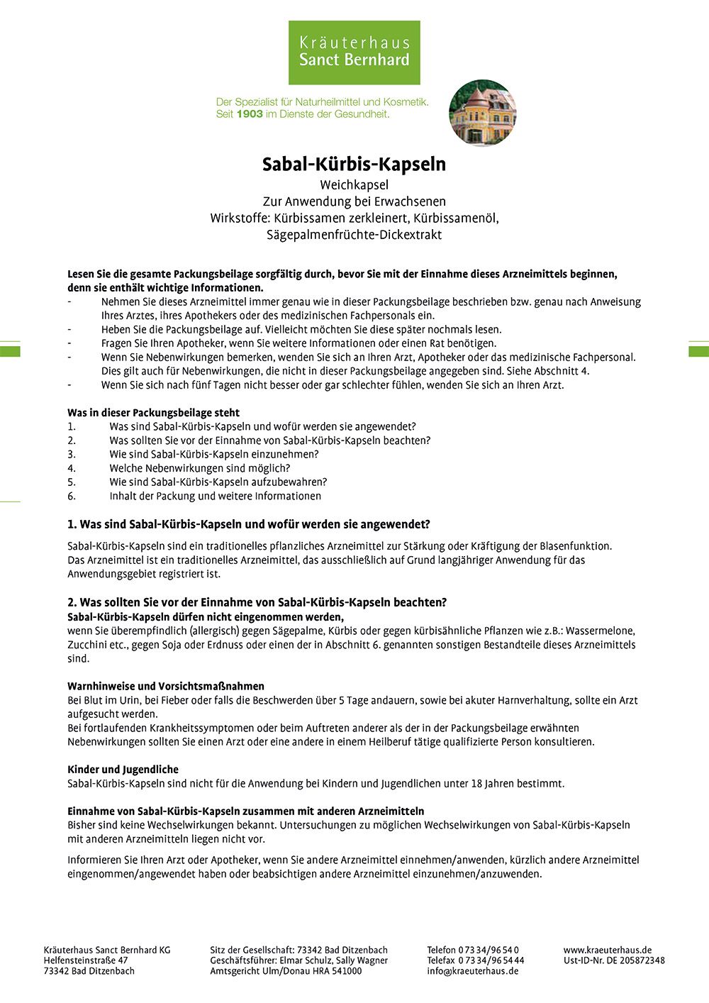 Sanct Bernhard Sabal-Kürbis-Kapseln