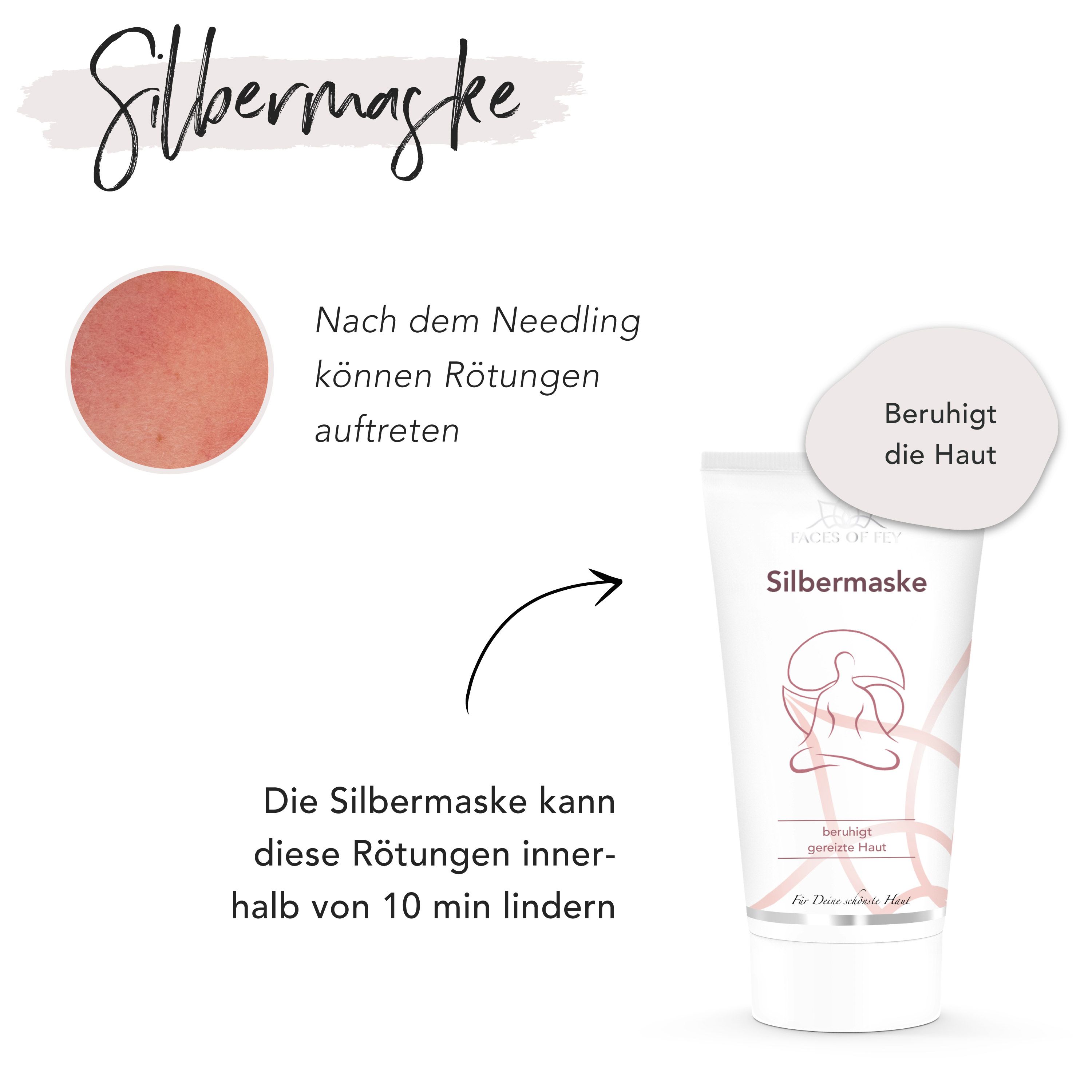 Silbermaske in Tube. Beruhigt die Haut. Text: lindert Rötungen nach dem Needling innerhalb von 10 Minuten.