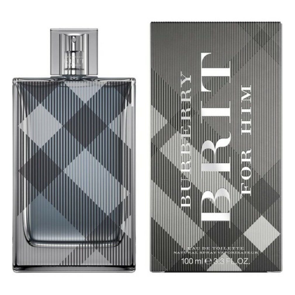 Burberry Brit for Him Eau de Toilette. Flakon und Verpackung mit Karomuster. 100 ml. Silberner Zerstäuber.