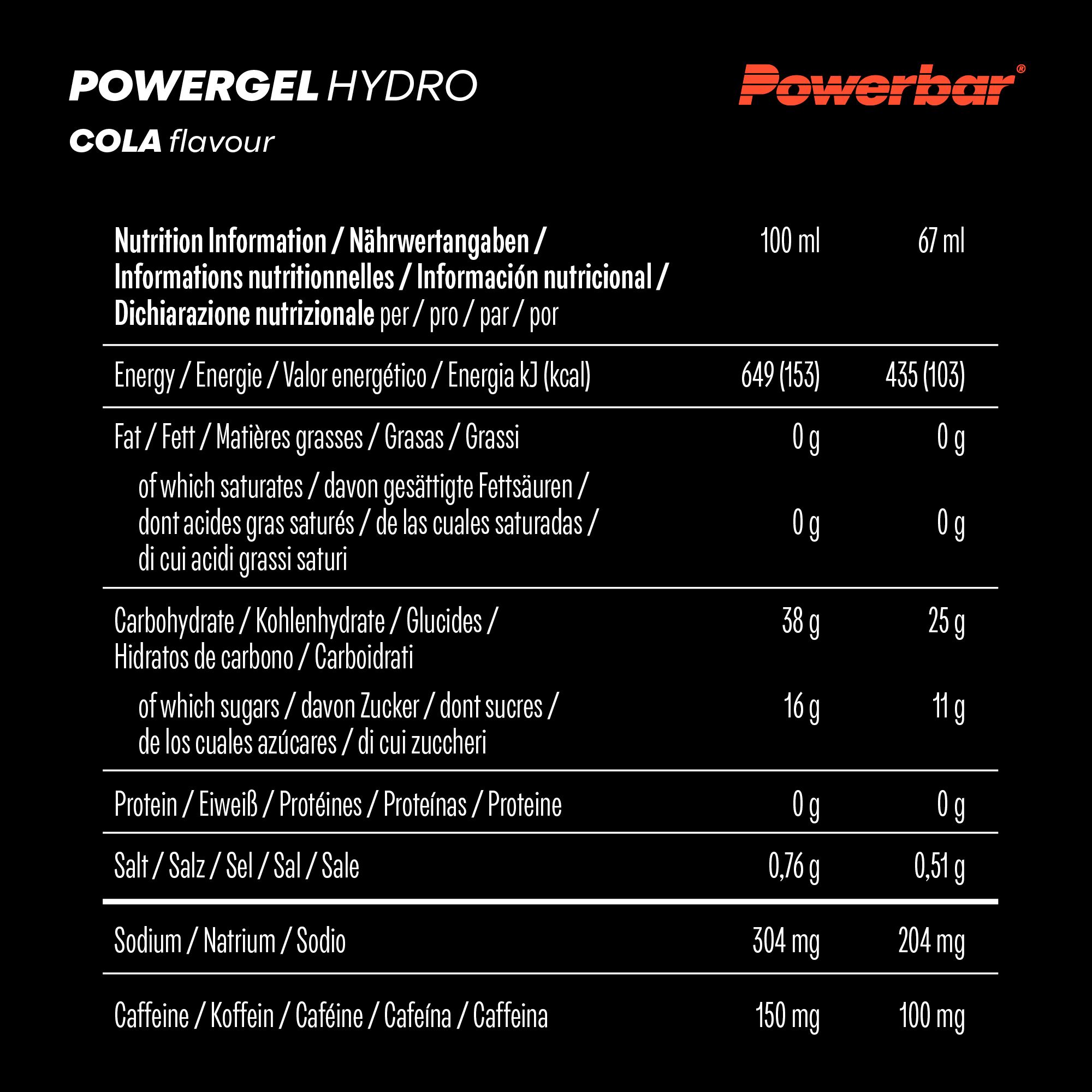 Nährwerttabelle für PowerBar PowerGel Hydro Cola. Angaben pro 100 ml und 67 ml. Enthält Informationen zu Energie, Fett, Kohlenhydraten, Protein und Salz.