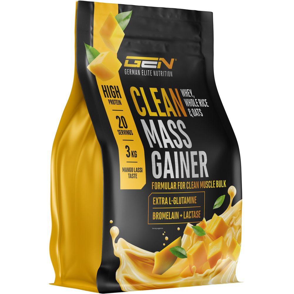 Schwarzer Beutel mit "CLEAN MASS GAINER"-Aufdruck. Gelbe Akzente, Mango-Lassi-Geschmack. Enthält Whey, Reis, Hafer. 3 kg, 20 Portionen.