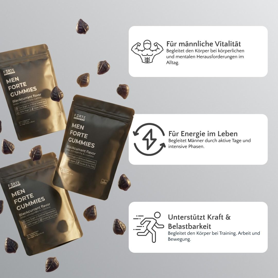 Drei Packungen Forte Natura® Mann Forte Gummies und verstreute Gummis.