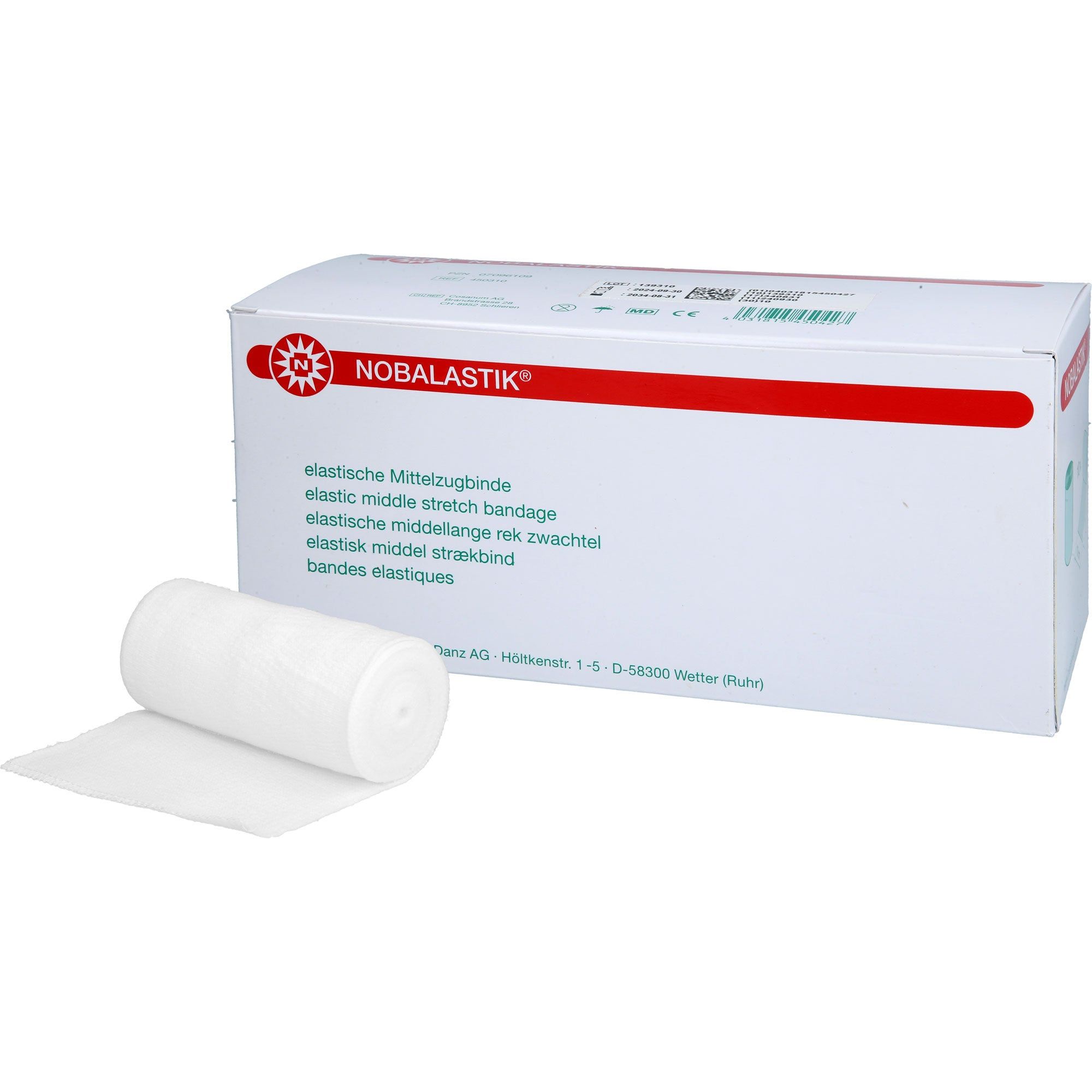 Weiße Verbandrolle und Verpackung. Aufschrift: NOBALASTIK, elastische Mittelzugbinde.