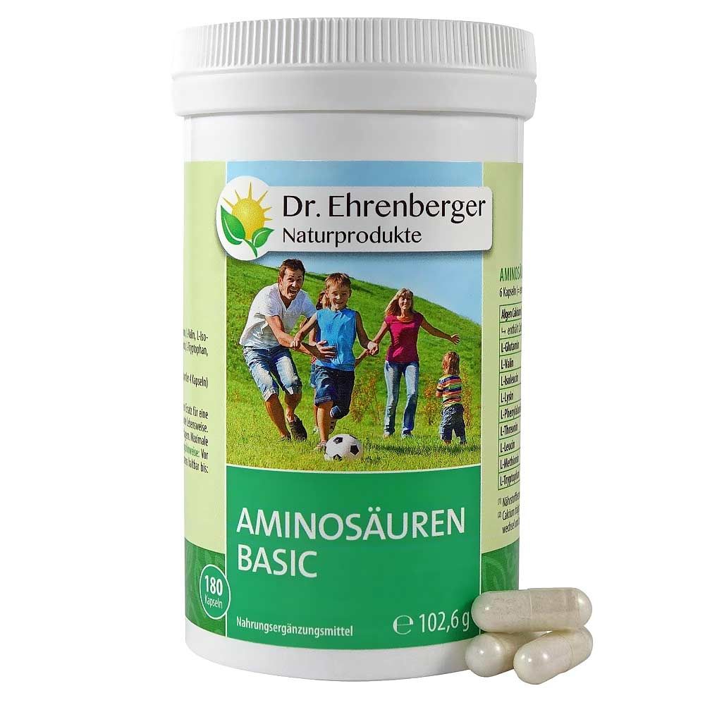 Weißes Kunststoff-Behälter mit Kapseln. Aufschrift: Dr. Ehrenberger Naturprodukte, Aminosäuren Basic. Familienfoto.
