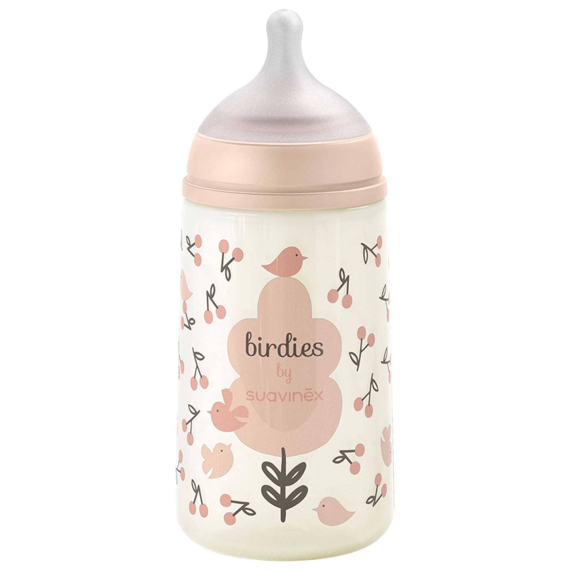 Suavinex Birdies Babyflasche Symmetrischer Sauger Mittlerer Durchfluss 3 Monate und Mehr ( Rosa) 7,1x7,1x17,8 cm