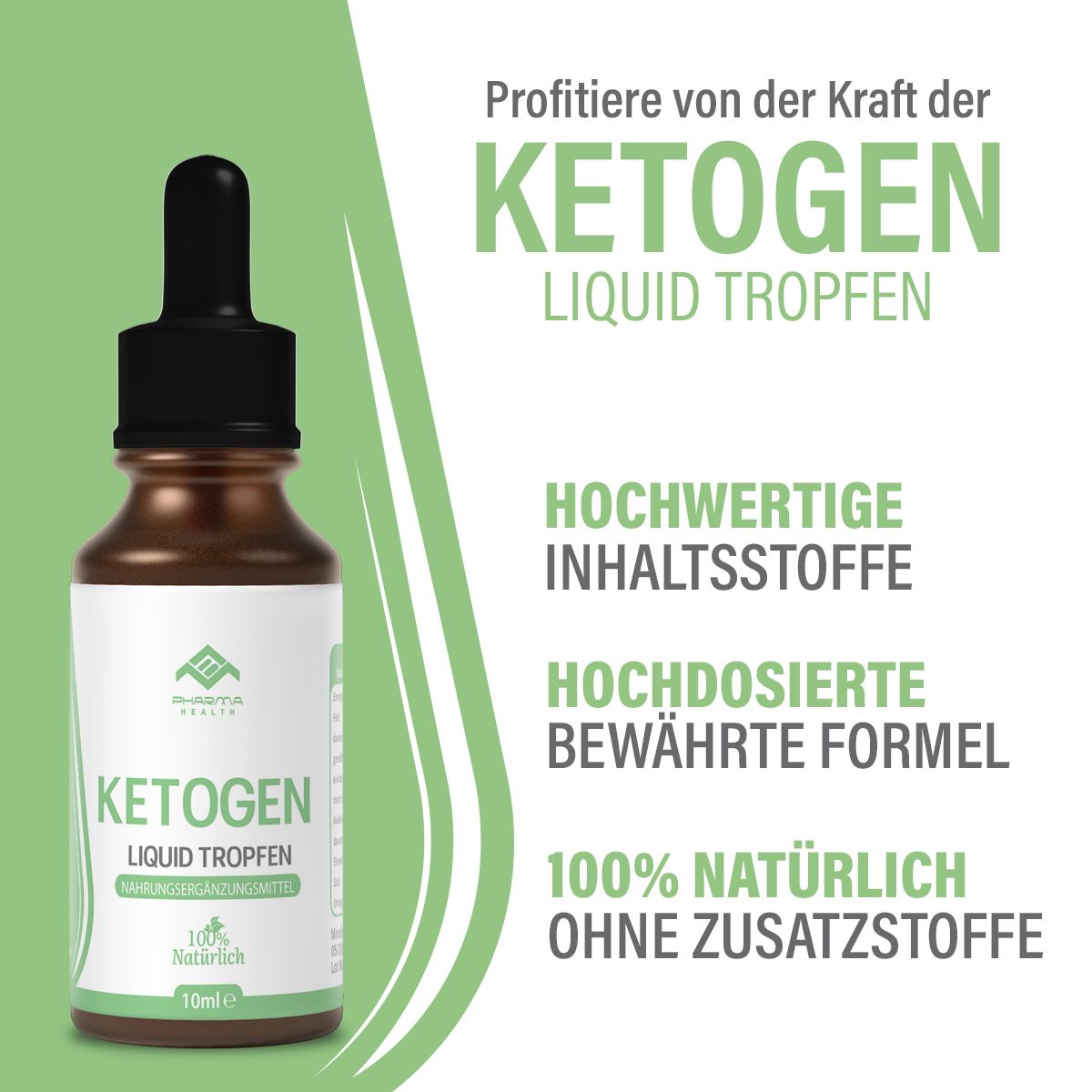 Braune Flasche mit Tropfer. Text: Ketogen Liquid Tropfen, hochwertige Inhaltsstoffe, hochdosierte Formel, 100% natürlich.