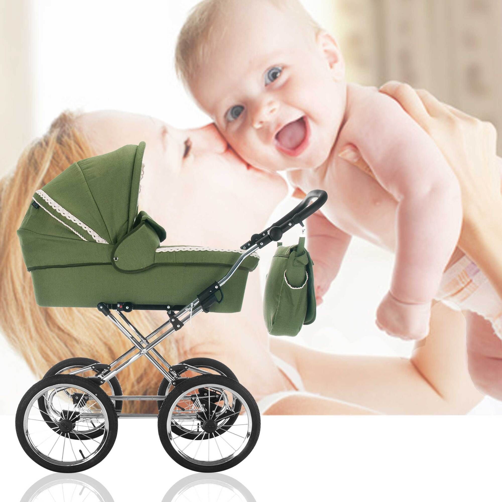 Grüner Kinderwagen mit silbernem Gestell, vier Rädern und Zubehör, im Einsatz mit Baby.