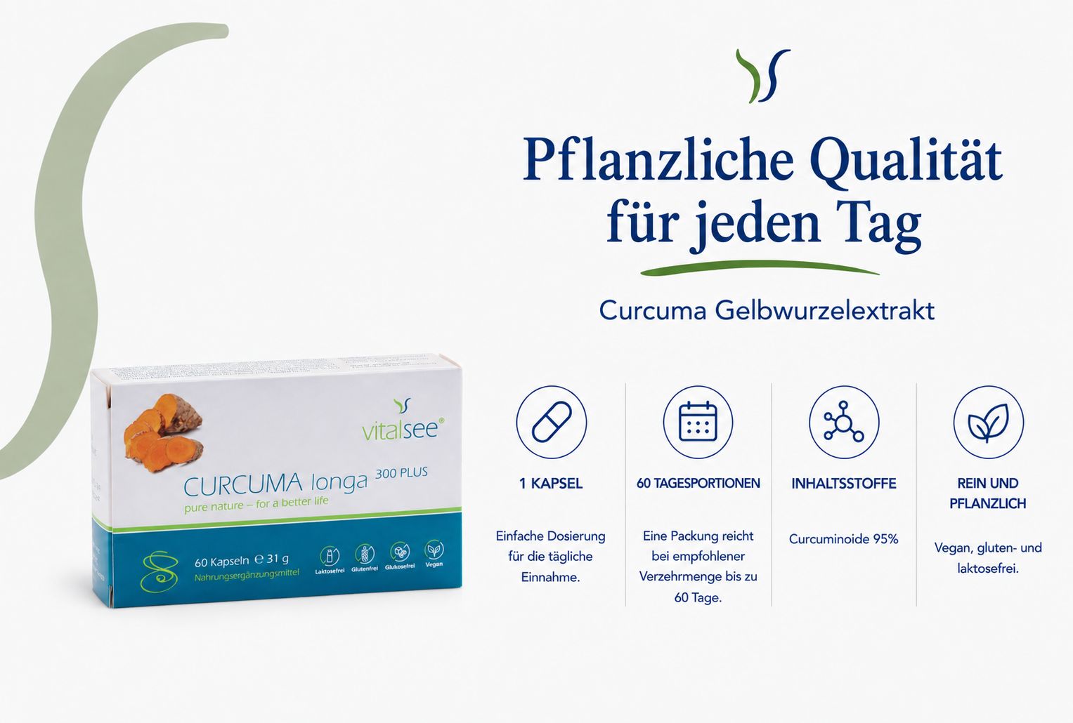 Packung mit 60 Curcuma-Kapseln, Curcuminoide 95%. Vegan, gluten- und laktosefrei.