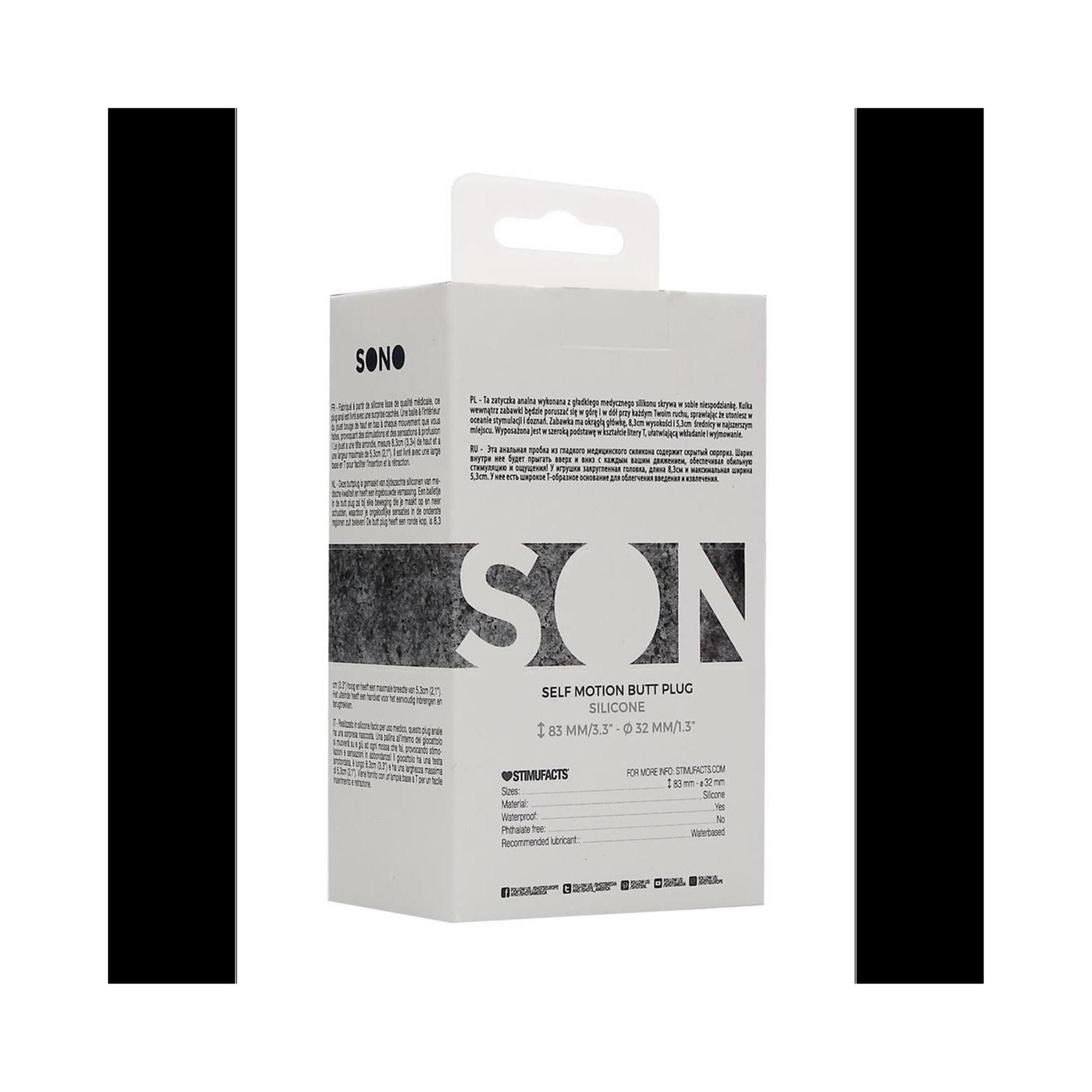 Rückseite der Verpackung von Sono by Shots. Text: SILICONE, I 83 MM/3.3", Ø 32 MM/1.3".
