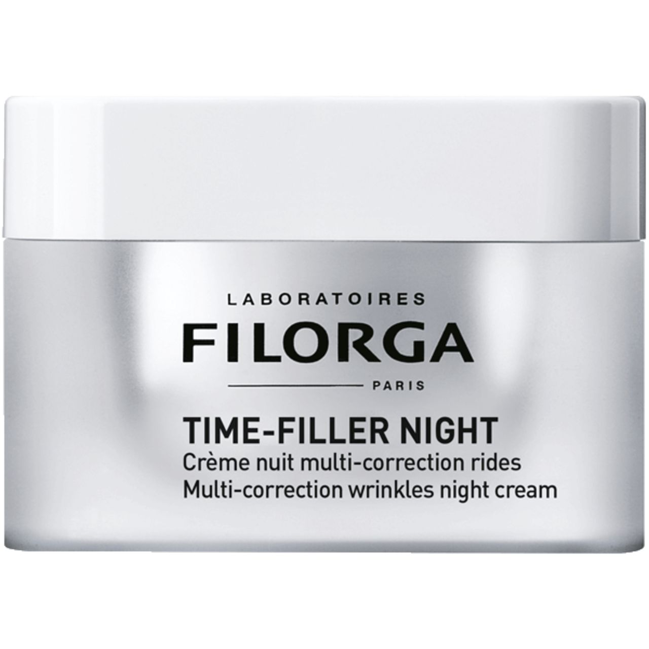 Weißes Tiegel mit Creme. Aufschrift FILORGA TIME-FILLER NIGHT. Französische und englische Produktbezeichnungen.