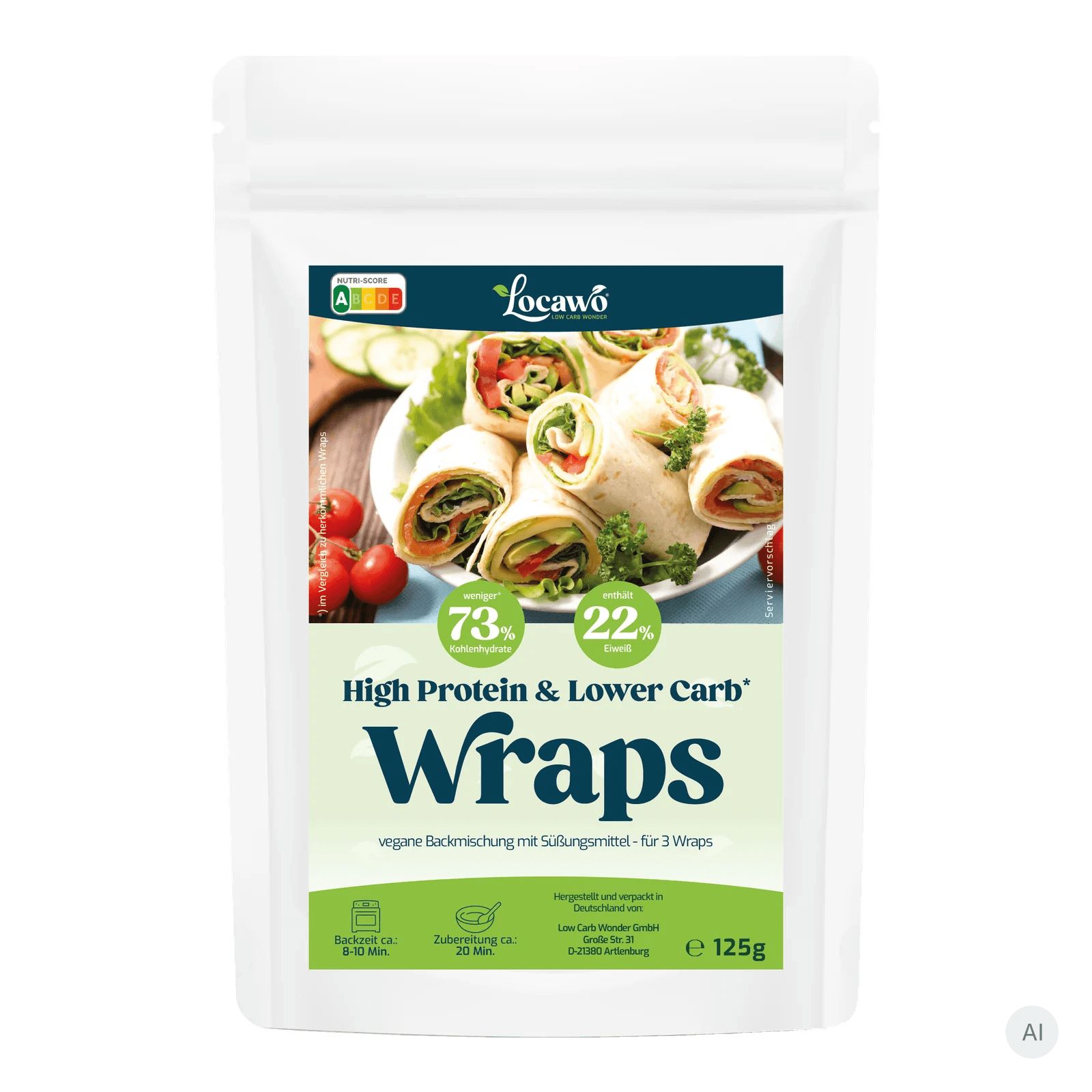 Locavo High Protein & Lower Carb Wraps Backmischung in weißem Beutel, 125g.