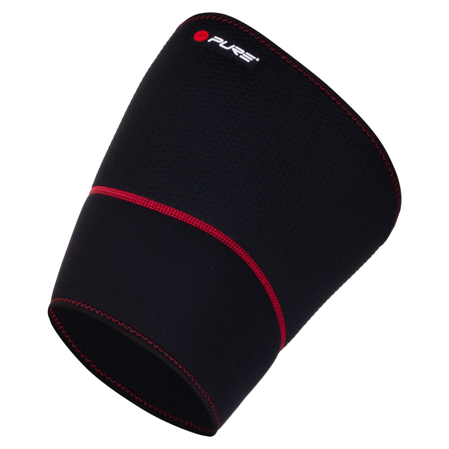 Supporto per coscia in neoprene nero con cuciture rosse. Logo "PURE" rosso in alto a sinistra.