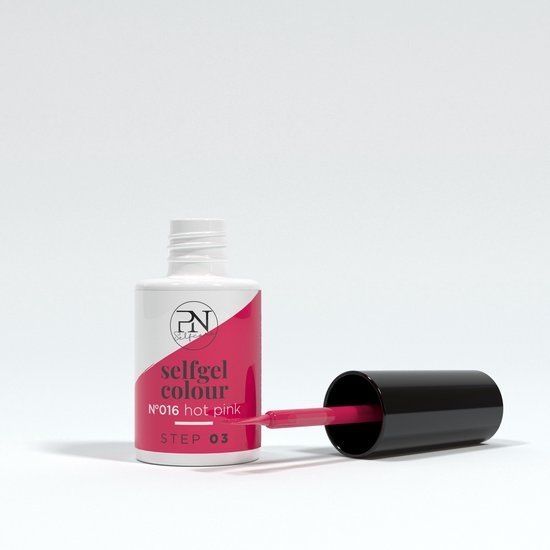 PN Selfgel Vernis Semi-Permanent, N16 Hot Pink. Pinsel aus der Flasche. Deckel daneben.