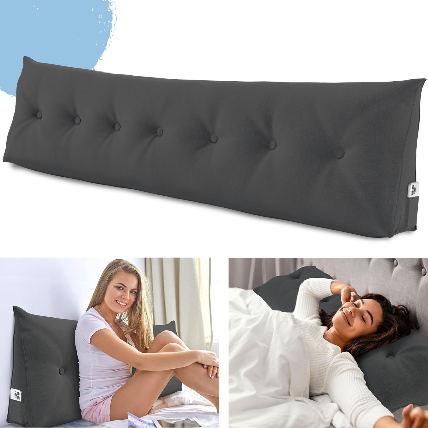 Graues Stützkissen mit Knöpfen. Eine Frau sitzt auf dem Bett, eine andere liegt. Auf dem Kissen ist ein Logo zu sehen.